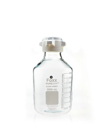 PUREGRIP® Rhino Safety Coated Glass Carboy, Clear, 5L, with 83B VersaCap® - Durable lab carboy for bioprocessing & research. | img_1 | Foxx Life Sciences Global | shopfls.com