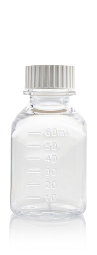 Clear, single-use, sterile media bottle; square shape, space saving; VersaCap® included