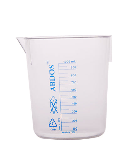 Abdos Printed Beakers without Handle, TPX Polymethyl pentene (PMP) 1000ml, 4/CS