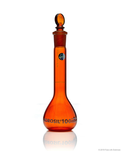 Amber Volumetric Flask, Wide Neck, With Glass I/C Stopper, Class A with Batch certificate, 100mL | img_1 | Foxx Life Sciences Global | shopfls.com