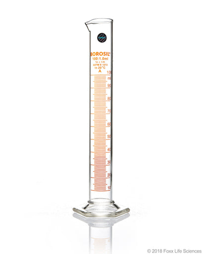 Graduated Measuring Cylinder, Batch Certificate Hexagonal Base, 100 mL Borosilicate, CS/5