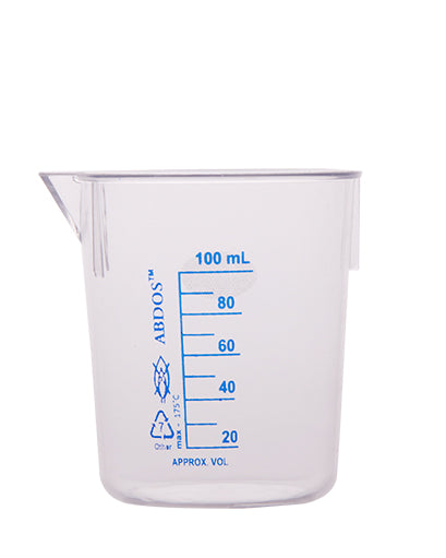 Abdos Printed Beakers without Handle, TPX Polymethyl pentene (PMP) 100ml, 12/CS