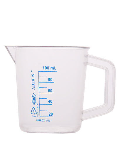 Abdos Printed Beakers with Handle, TPX Polymethyl pentene (PMP) 100ml, 6/CS