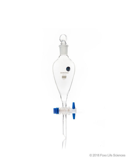 Borosil® Separating Funnel Pear Shape Boroflo Stopcock Polytetrafluoroethylene (PTFE) Key I/C glass stopper 125 mL CS/10 | img_1 | Foxx Life Sciences Global | shopfls.com