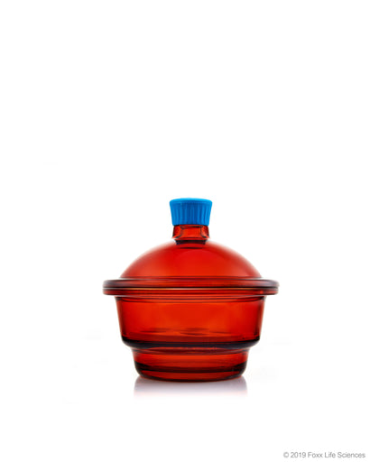 Borosil® Light Blocking Amber Glass Desiccator with Porcelain Plate and Borosilicate Lid with Plastic Knob, Small (S), 150 mm Diameter, 1/EA | img_1 | Foxx Life Sciences Global | shopfls.com