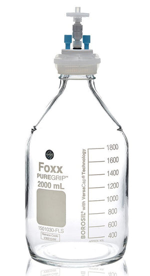 HPLC Solvent Reservoir Bottle Assembly, GL45, 2L Clear, Class VI Polytetrafluoroethylene (PTFE) Adapter, 2 Ports for 3.2mm(1/8