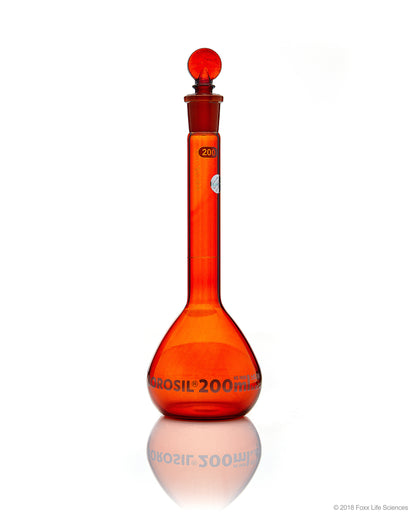 Amber Volumetric Flask, Wide Neck, With Glass I/C Stopper, Class A with Batch certificate, 200mL | img_1 | Foxx Life Sciences Global | shopfls.com