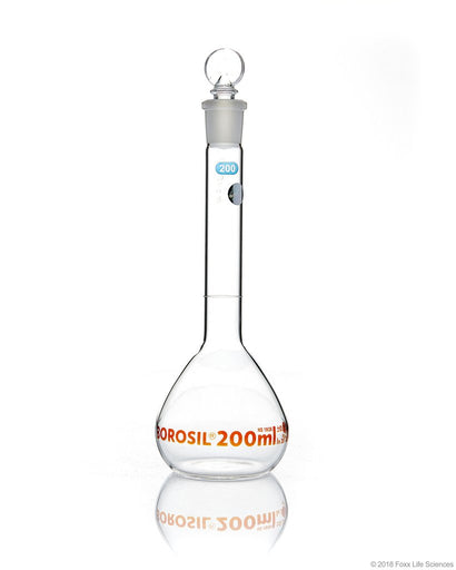 Volumetric Flask, Wide Neck, With Glass I/C Stopper, Class A, Ind Cert 200 mL