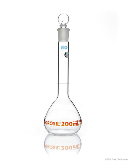 Volumetric Flask, Wide Neck, With Glass I/C Stopper, Class A, Ind Cert 200 mL | img_1 | Foxx Life Sciences Global | shopfls.com