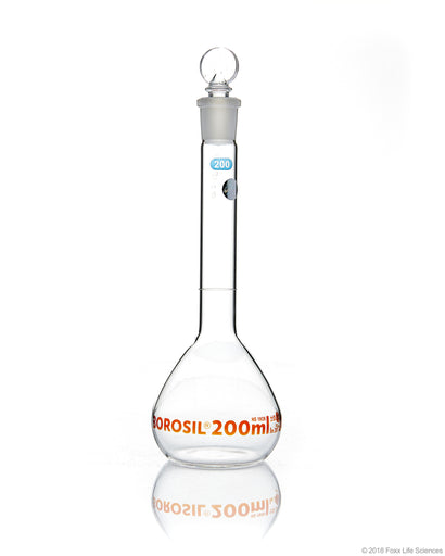 Volumetric Flask, Wide Neck, With Glass I/C Stopper, Class A with Batch certificate, 200mL | img_1 | Foxx Life Sciences Global | shopfls.com
