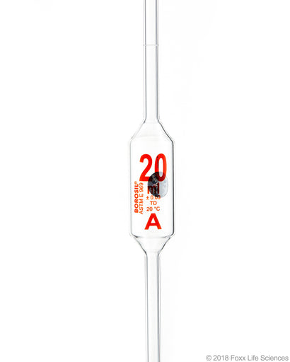 Borosil Volumetric Pipette Bulb Pipette Class A Accuracy ASTM Batch Certificate 20mL Borosilicate