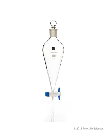 Borosil® Separating Funnel Pear Shape Boroflo Stopcock Polytetrafluoroethylene (PTFE) Key I/C glass stopper 1L, CS/10 | img_1 | Foxx Life Sciences Global | shopfls.com