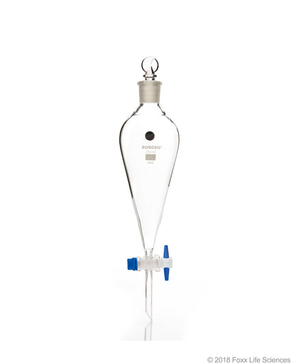 Borosil® Glass Separating Funnels, Pear Shape, with Polytetrafluoroethylene (PTFE) stopcock, Interchangeable stopper CS/10 500mL | img_1 | Foxx Life Sciences Global | shopfls.com