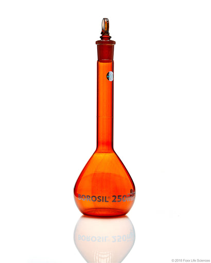 Borosil Amber Volumetric Flask With Glass/Plastic Stopper, ASTM Ind Cert Class A, 500mL | img_1 | Foxx Life Sciences Global | shopfls.com