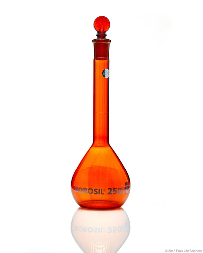 Amber Volumetric Flask, Wide Neck, With Glass I/C Stopper, Class A with Batch certificate, 250mL | img_1 | Foxx Life Sciences Global | shopfls.com