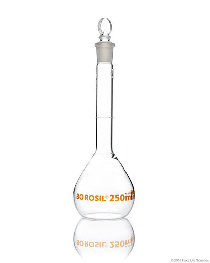 Volumetric Flask, Wide Neck, With Glass I/C Stopper, Class A, Ind Cert 250 mL | img_1 | Foxx Life Sciences Global | shopfls.com