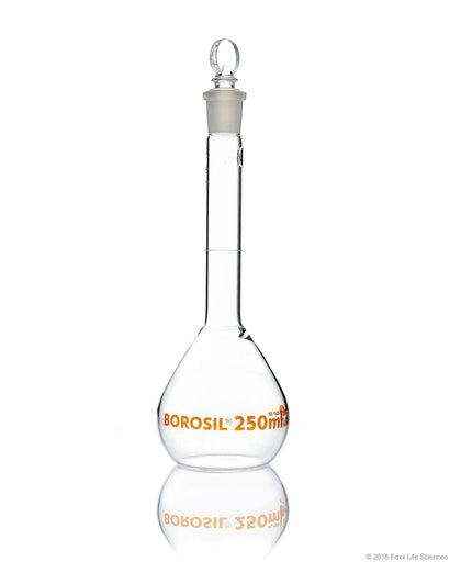 Volumetric Flask, Wide Neck, With Glass I/C Stopper, Class A with Batch certificate, 250mL | img_1 | Foxx Life Sciences Global | shopfls.com