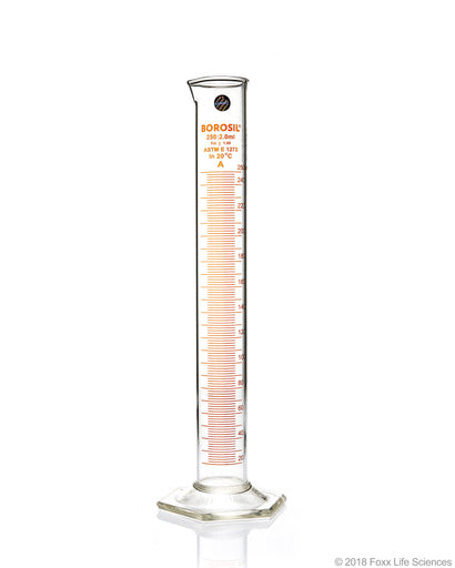 Graduated Measuring Cylinder Hexagonal Base, 250 mL Borosilicate, CS/5 | img_1 | Foxx Life Sciences Global | shopfls.com