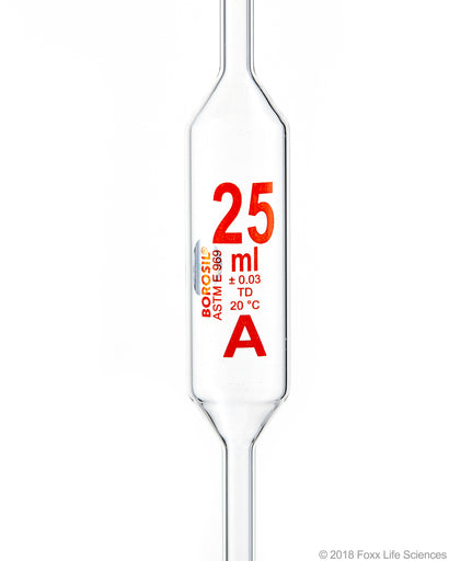 Borosil Volumetric Pipette Bulb Pipette Class A Accuracy ASTM Batch Certificate 25mL Borosilicate