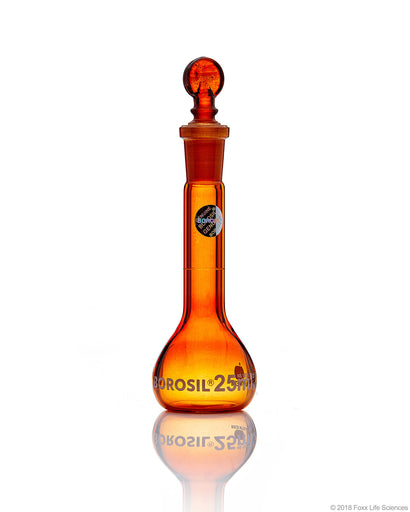 Flask, Glass, Amber, Vol, Wide Neck, ASTM, IC Stopper, 25mL | img_1 | Foxx Life Sciences Global | shopfls.com