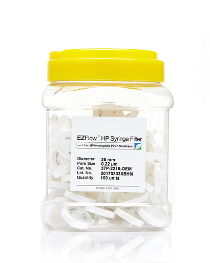 EZFlow® 25mm Syringe Filter, 0.2µm PVDF - Hydrophilic membrane filter for laboratory research. 100/pack. | img_1 | Foxx Life Sciences Global | shopfls.com