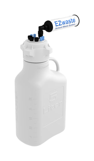 EZwaste® Safety Vent Carboy 5L HDPE with VersaCap® 83B, 4 ports for 1/8" OD Tubing, 3 ports for 1/4" OD Tubing