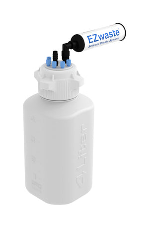 EZwaste® HPLC Solvent Waste System, 4 L HDPE Heavy Duty Reusable Bottle, 83 mm (83B) VersaCap with Six (6x) Ports for 1/8 Inch O.D. Tubing; One (1x) Hose Barb Port for 1/4 or 3/8 Inch I.D. Tubing & Filter, 1/EA