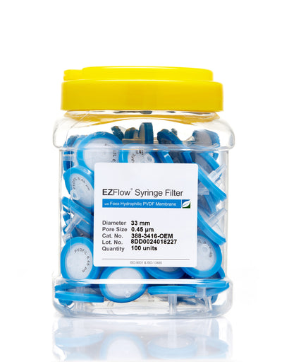 EZFlow® 33mm Syringe Filter, .45μm Hydrophilic Polyvinylidene Fluoride (PVDF), 100/pack