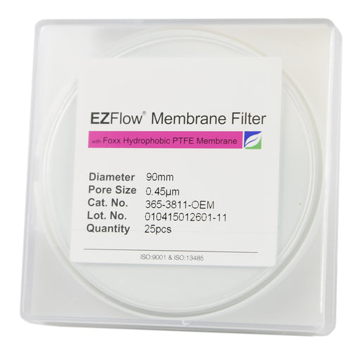 EZFlow® 90mm PTFE Filter, 0.45µm - Hydrophobic Membrane Disc, 25 pack. Laboratory filtration for reliable research results. | img_1 | Foxx Life Sciences Global | shopfls.com