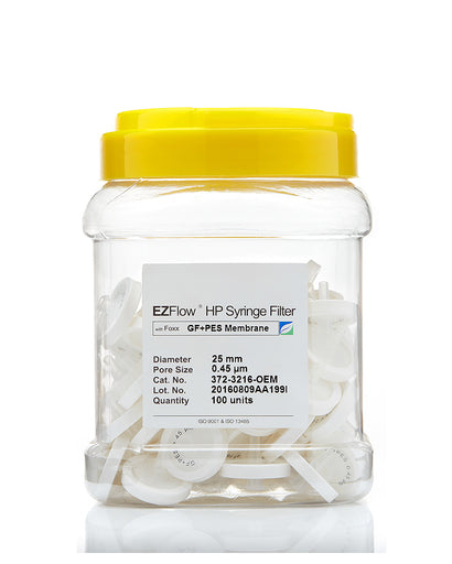EZFlow® 25mm Syringe Filter, 0.45μm PES, Glass Fiber Prefilter - Lab-Grade Filtration for Research & Bioprocessing (100/pack) | img_1 | Foxx Life Sciences Global | shopfls.com