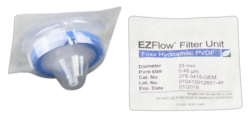 EZFlow® 33mm Sterile Syringe Filter, .45μm Hydrophilic Polyvinylidene Fluoride (PVDF), 100/pack | img_1 | Foxx Life Sciences Global | shopfls.com