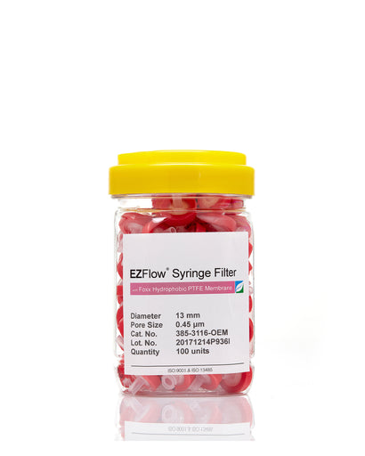 EZFlow® 13mm Syringe Filter, .45μm Hydrophobic PTFE - Laboratory-grade filter for research applications, 100/pack | img_1 | Foxx Life Sciences Global | shopfls.com