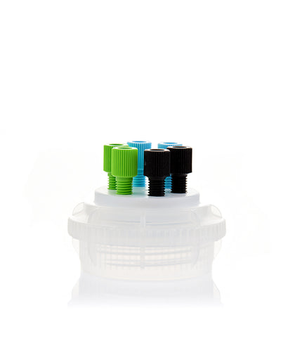 HPLC Solvent Reservoir ChromCap™ 100 Assembly,GL45, Class VI Polytetrafluoroethylene (PTFE) Adapter w Vent Hole, 6 Port for 3.2mm(1/8") or 1.6mm(1/16") OD Tubing, 1/EA