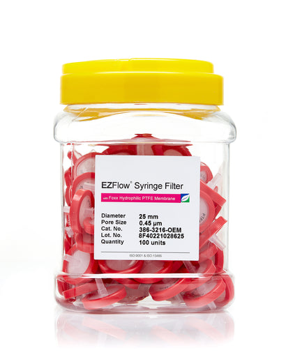EZFlow® 25mm Syringe Filter, 0.45μm PTFE - Hydrophilic filter for laboratory research. 100/pack. | img_1 | Foxx Life Sciences Global | shopfls.com