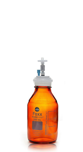 HPLC Solvent Reservoir Bottle Assembly, GL45, 500mL Amber, Class VI Polytetrafluoroethylene (PTFE) Adapter, 1 Ports for 3.2mm(1/8") or 1.6mm(1/16") | img_1 | Foxx Life Sciences Global | shopfls.com