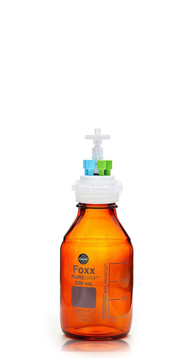 HPLC Solvent Reservoir Bottle Assembly, GL45, 500mL Amber, Class VI Polytetrafluoroethylene (PTFE) Adapter, 4 Ports for 3.2mm(1/8") and/or | img_1 | Foxx Life Sciences Global | shopfls.com