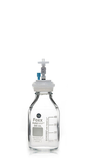 HPLC Solvent Reservoir Bottle Assembly, GL45, 500mL Clear, Class VI Polytetrafluoroethylene (PTFE) Adapter,  1 Ports for 3.2mm(1/8") or 1.6mm(1/16") OD Tubing