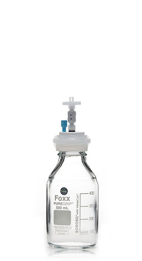 HPLC Solvent Reservoir Bottle Assembly, GL45, 500mL Clear, Class VI Polytetrafluoroethylene (PTFE) Adapter, 1 Ports for 3.2mm(1/8") or 1.6mm(1/16") | img_1 | Foxx Life Sciences Global | shopfls.com