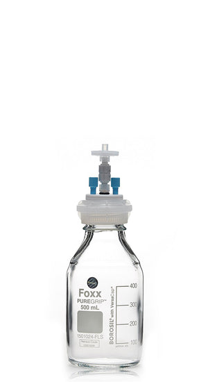 HPLC Solvent Reservoir Bottle Assembly, GL45, 500mL Clear, Class VI Polytetrafluoroethylene (PTFE) Adapter, 2 Ports for 3.2mm(1/8