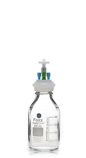 HPLC Solvent Reservoir Bottle Assembly, GL45, 500mL Clear, Class VI Polytetrafluoroethylene (PTFE) Adapter, 3 Ports for 3.2mm(1/8