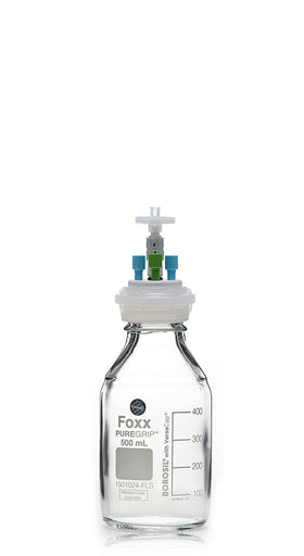 HPLC Solvent Reservoir Bottle Assembly, GL45, 500mL Clear, Class VI Polytetrafluoroethylene (PTFE) Adapter, 3 Ports for 3.2mm(1/8") and/or | img_1 | Foxx Life Sciences Global | shopfls.com