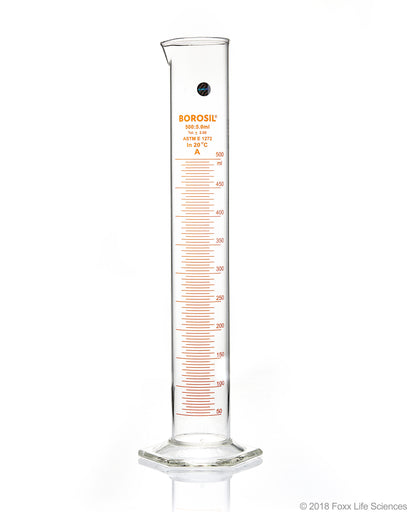 Graduated Measuring Cylinder Hexagonal Base, 500 mL Borosilicate, CS/4 | img_1 | Foxx Life Sciences Global | shopfls.com