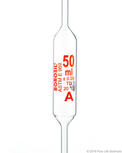 Borosil Volumetric Pipette Bulb Pipette Class A Accuracy ASTM Batch Certificate 50mL Borosilicate | img_1 | Foxx Life Sciences Global | shopfls.com
