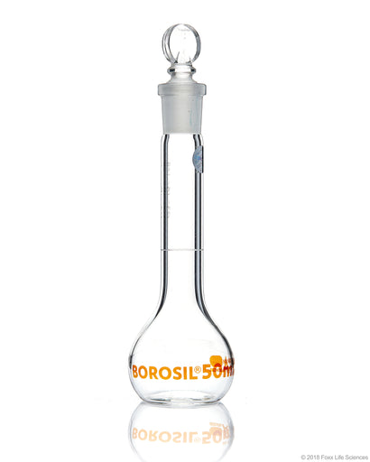 Volumetric Flask, Wide Neck, With Glass I/C Stopper, Class A with Batch certificate, 50 mL | img_1 | Foxx Life Sciences Global | shopfls.com