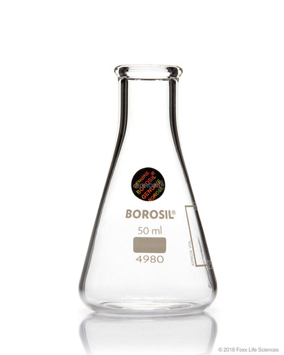 Borosil Erlenmeyer Flasks Graduated Conical NM Borosilicate 3.3 ISO 1773 CS/100 50mL | img_1 | Foxx Life Sciences Global | shopfls.com