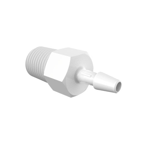 Adapter 1/8" NPT Thread x 1/8" Hose Barb, Natural Kynar Polyvinylidene Fluoride (PVDF)