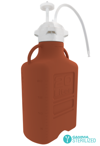 EZBio® Single Use Carboy Assembly, 20L, Amber High Density Poly Ethylene (HDPE), VersaCap® 120mm, TPE Tubing w/ Dip Tube, Gamma Sterilized, 1/EA