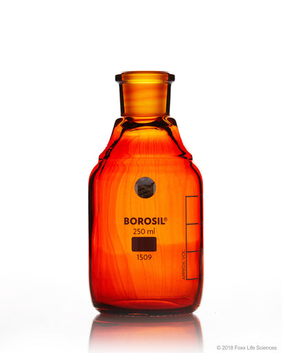 Borosil® Amber Reagent Bottles, Plain, Narrow Mouth, Graduated 250 mL, 19/26, CS/10