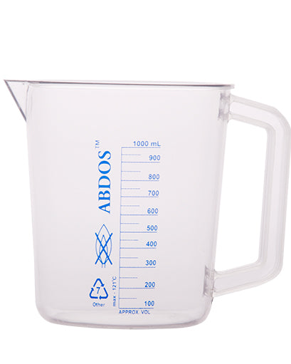 Abdos Printed Beakers with Handle, TPX Polymethyl pentene (PMP) 1000ml, 4/CS