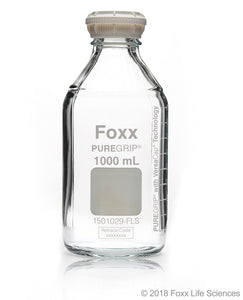 PUREGRIP® Reusable Round Glass Media Storage Bottles with GL45 VersaCap, Pouring Ring, and Extra Large Marking Spot, 1 L (1,000 mL), 10/CS